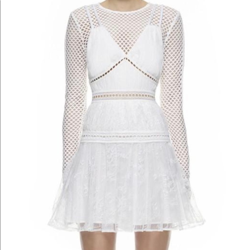 Self-Portrait White Lace Long-Sleeve Fit-and-Flare Dress